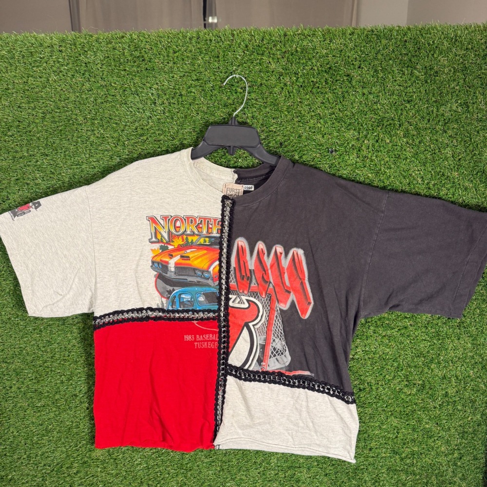 Furst‎ Of A Kind Reworked Vintage Graphic T-Shirt Chain Cut Sew Split Tee L/XL